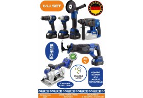 Resim Alman BA01087M 6 Akülü 3 Şarjlı Kömürsüz V598 5AH Profesyonel 6 Makine Kombo Set - Blue Mavi 