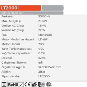 Resim Lutian LT2000I Yeni Nesil Euro(5) Sessiz Benzinli Inverter Jeneratör 2 Kw - 21 kg 