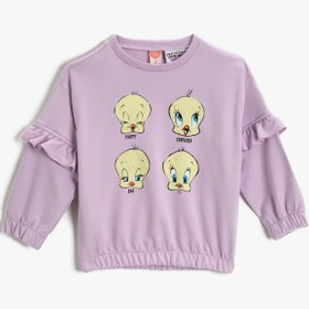 Resim Kız Bebek Tweety Baskılı Bisiklet Yaka Fırfırlı Sweatshirt Lisanslı Pamuklu 