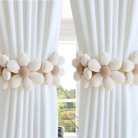 Resim 2 adet Bohemya Tarzı Perde Bağlama Aparatı ve 3 Papatya Çiçek Tasarımı - Yatak Odası Dekoru için Krem Renkli Polyester Pencere Tutucuları, Kolay Kurulum, Dayanıklı ve Şık Ev Aksesuarları 