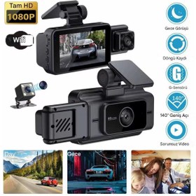 Resim Qifit S15 Wi-Fi Full HD 3 Kameralı Araç İçi Güvenlik Kamerası 64GB IR Gece Görüşlü DashCam Kayıt 