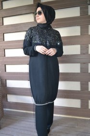 Resim AYSUN AYDEMİR Gümüş Payet Detaylı Siyah Fermuarlı Tesettür Eşofman Takımı 