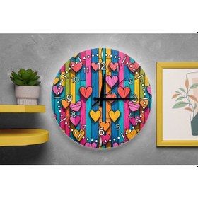 Resim Pop Art Kalpler Ve Ahşap Görünümlü Sessiz Duvar Saati Çok Renkli 