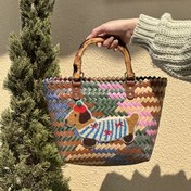 Resim Vintage Çizgili Dachshund Desenli Dokuma El Çantası – Geniş Kapasiteli, Bambu Saplı, Renkli Çizgiler ve Köpek Nakışlı, Plaj veya Günlük Kullanım İçin Mükemmel 
