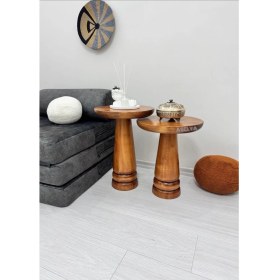 Resim Ahşap 2'li Set Mantar Yan Sehpa Modern Açık Ceviz Fiskos Zigon Çiçeklik 