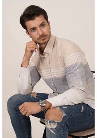 Resim Panolu Erkek Bej Gri Slimfit Keten Gömlek Bej 