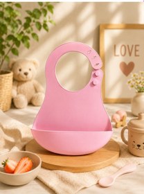 Resim Silikon Mama Önlüğü Su Geçirmez Ayarlanabilir Bebek Önlüğü Bpa İçermeyen Geniş Cepli Beslenme Önlüğü Pembe 