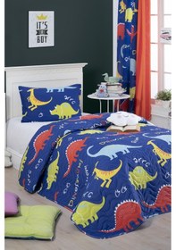 Resim Kapitone Yatak Örtüsü Seti Tek Kişilik Dinazorus Mavi 