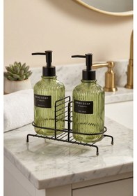 Resim Makri Home Modern Çizgili Yuvarlak Cam Ikili Sıvı Sabunluk & Deterjanlık Seti, Yeşil- 500 Ml Cam Sabunluk 