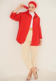 Resim 103901 Oversize Basic Tesettür Gömlek - Kırmızı - Pembe / 38 