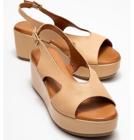 Resim Luvi Shoes Brad Koyu Bej Cilt Hakiki Deri Dolgu Topuklu Kadın Sandalet Koyu Bej 