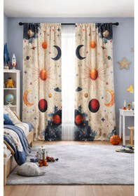 Resim Çocuk Odası Çift Kanatlı Fon Perde Ay Güneş Ve Gezegen Desenli 