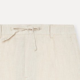 Resim Mudo Erkek Bej Rengi Çizgili Straight Fit Keten Pantolon 