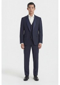 Resim Giotelli Erkek Koyu Lacivert Dar Kesim Slim Fit Viskon Dokuma Normal Bel 6 Drop Yelekli Klasik Smokin Takım Elbise 