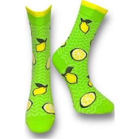 Resim Me-vo Tekli Açık Yeşil Renkli Unisex Esnek Nem Alabilen Pamuklu Limon Desenli Soket Çorap Açık Yeşil 