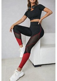 Resim Kadın Yüksek Bel Yanlardan Tül Detaylı Çift Renkli Spor Dalgıç Tayt Kırmızı 