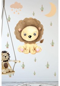 Resim MSticker Sevimli Aslan Ay Ve Kaktüsler Çocuk Bebek Odası Duvar Sticker Set 