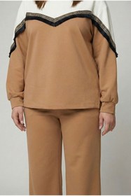 Resim Kadın Büyük Beden Uzun Kollu Püskül Detaylı Modal Kumaş Eşofman Takımı 8249-26 - 2XL / Camel 