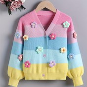 Resim Kızlar için Rahat V-Yaka Hırka Kazak - Yüksek Esneklikli Çizgili ve Çiçek Desenli, Düğmeli Ön, Uzun Kollu, Sonbahar/Kış için Hafif, Makinede Yıkanabilir, Mevsimsel Katman Parçası, Mevsimsel Moda, Düğmeli Ön, Yüksek Esneklikli Kumaş, Örgü 