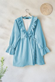 Resim MODAQU Yaka Fırfırlı Yan İp Bağlamalı Kimono - BeBe Mavi 