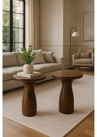 Resim Doğal Ahşap Ceviz Renk Yan Sehpa Seti 2 Li Masif Zigon Takımı Kahverengi 