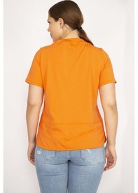 Resim Şans Kadın Oranj Büyük Beden Yakası Kuşgözü Bağcık ve Taş Detaylı Sweatshirt-oranj Turuncu 