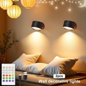 Resim 2 Adet LED Ambient Duvar Işığı, 12Rgb+2Renk, 360 ° Döndürme, Uzaktan Kumanda ile, USB Şarj, LED Çerçeve Sanat Işık, Taşınabilir İç Mekan Işığı, Okuma, Gece ve Uyku Işıkları, Oturma Odaları, Yatak Odaları, Koridorlar, Başlıklar için Uygundur 