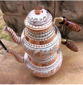 Resim Beyaz Seramik Boya Kaplama Gül Çiçek Bakır Çaydanlık 