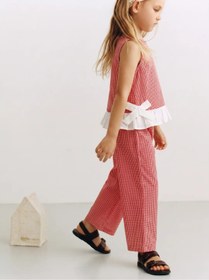 Resim L' Atelier MiDuMi Çocuk, Kız, Kırmızı Ekoseli/Kareli Dokuma Pantalon ve Kurdele Detaylı Bluz Takımı (Sıvı Geçirmez Organizer Hediyelidir.) 