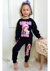Resim Lolliboomkids Kız Çocuk Oyuncak Bebek Fuşya Pembe Siyah Baskılı Sweatshirt Eşofman Alt Üst Takım Siyah Pembe Siyah - Pembe 