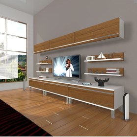 Resim Decoraktiv Eko 8y Mdf Krom Ayaklı Tv Ünitesi Tv Sehpası - Beyaz - Ceviz 