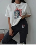 Resim MODARİCH Sevimli Kedi Beyaz T-Shirt Siyah Eşofman Altı Jogger - Alt Üst Eşofman Takımı Bisiklet Yaka 
