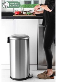Resim Primanova Bombe Kapaklı Yumuşak Kapanan Çelik Çöp Kovası 40 Lt - Inox Inox 