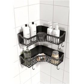 Resim Banyo Köşelik Yapışkanlı Banyo Rafı, 2'li Banyo Düzenleyici, Duş Rafı Organizer Şampuanlık, Plastik Füme 