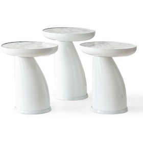 Resim Elips 3'lü Sehpa, Yan Sehpa, Zigon Sehpa - Beyaz & Beyaz Mermer Desenli Tabla Beyaz Gövde & Beyaz Mermer Desenli Tabla 