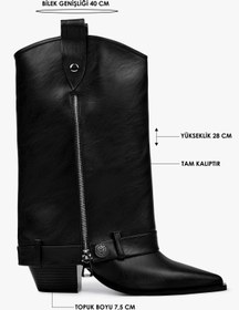 Resim Shoeberry Kadın Astral Siyah Cilt Fermuar Detaylı Kovboy Çizme 