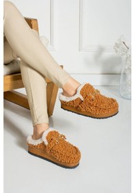 Resim Shoetek Lamia Kadın Terlik Tokalı İçi Kürklü Taba Taba 