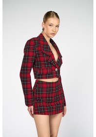 Resim Kadın Kırmızı Ekoseli Crop Blazer Kırmızı 