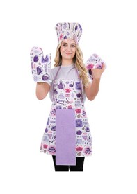 Resim Damla 5li Set Sıvı Geçirmez Su Geçirmez Mutfak Önlüğü Seti Şapka, Eldiven, Tutacak Lila 