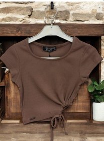 Resim Zekids Kız Çocuk Crop Yandan Pencereli Bluz-14395 Kahverengi 