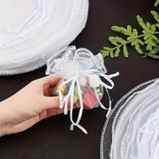 Resim 20/30 adet Beyaz Şifon Hediye Çantası - Pull Stringli Sequinli Yuvarlak Takı Hediye Çantaları Doğum Günü, Düğün, Baptem için | Polyester Malzeme, Parti Hediyeleri için Uygun, Parti Hediyeleri için Uygun | Zarif Organza Çantalar | Dayanıklı Polyester Çantalar, Hediye Çantası 