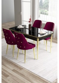 Resim Canisa Tia Serisi, Siyah Mermer Desen 80x132 Açılabilir Mdf Yemek Odası Takımı 4 Mürdüm Sandalye Gold Detay Masa Siyah Mermer Desen Sandalye Mürdüm 