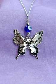 Resim biuti El Yapımı Cam Nazar Boncuklu Çelik Kelebek Figürlü Araba Dikiz Ayna Süsü 