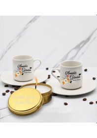 Resim Anneler Gününe Özel Baskılı 2'li Türk Kahve Fincanı & Metal Mum Hediye Seti Anneye Hediye T2 