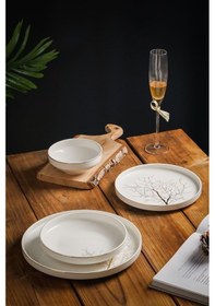 Resim Autumn Modern Altın 24 Parça 6 Kişilik Hayat Ağacı Desenli Porselen Yemek Takımı Yuvarlak 