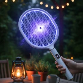 Resim İlkyaz Fashion USB Şarjlı Standlı Şarj Göstergeli UV Işıklı Beyaz Sinek Öldürme Raketi 