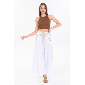 Resim Eren Style İtalyan Korsajlı Düğme Detay Otantik Detay Kemerli Bol Paçalı Keten Pantolon-9888 Beyaz 