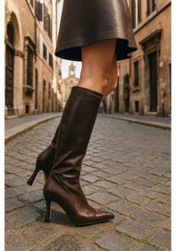 Resim Diz Altı Streç Kadın Topuklu Çizme Kahverengi 