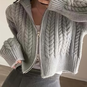 Resim 2025 İlkbahar ve Sonbahar Yeni Kore Tarzı Fransız Vintage Şık Çift Fermuarlı Bükümlü Kazak Ceket Kadın Hırka 