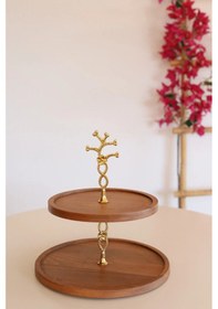 Resim 2 Katlı 25/30 Cm Gold Çiçekli Ahşap Kek Sunum Standı 